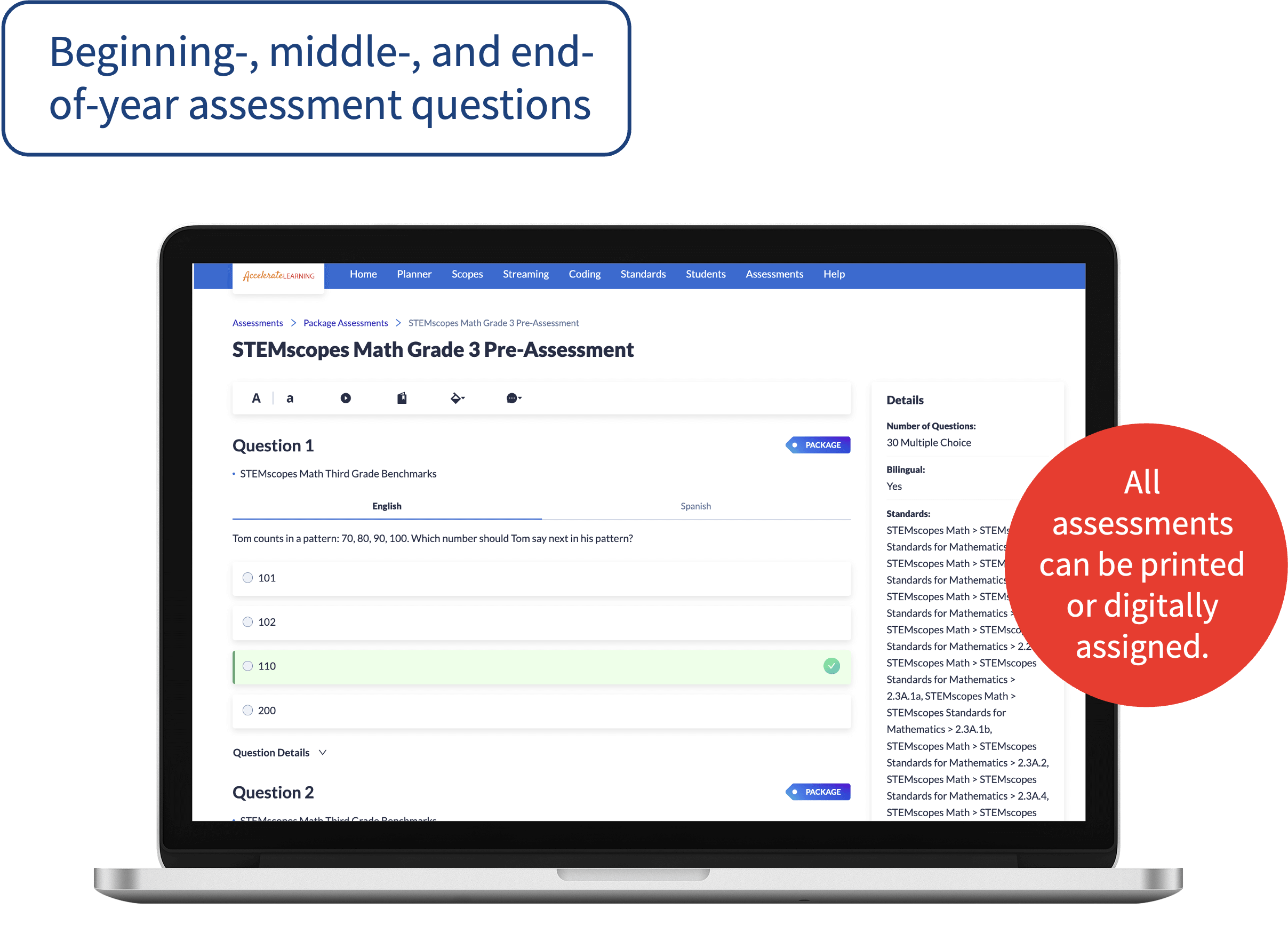 Sample screenshot of STEMscopes Math Pre- and Post-Assessment Questions for Grade 3