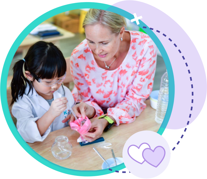 An adult guiding a child in a lab coat performing a science experiment, embodying Kide Science's mission of inspiring curious investigators.